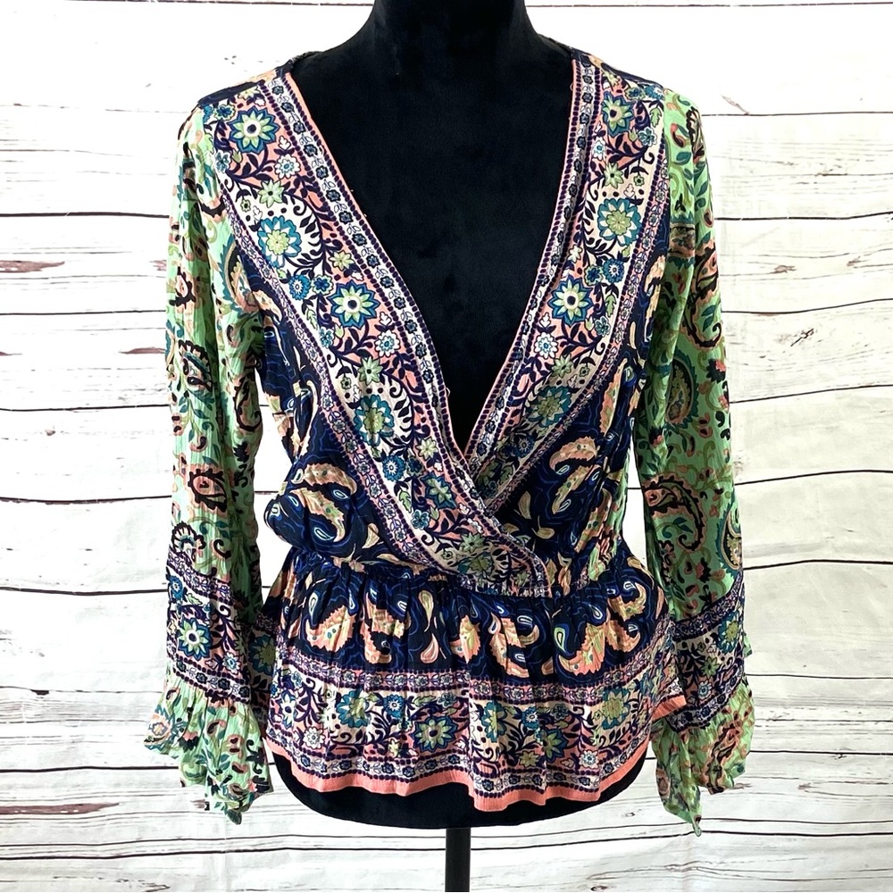 Free People‎ Top Women’s Small Rosalie Wrap Paisley Floral Bell Sleeves Boho.